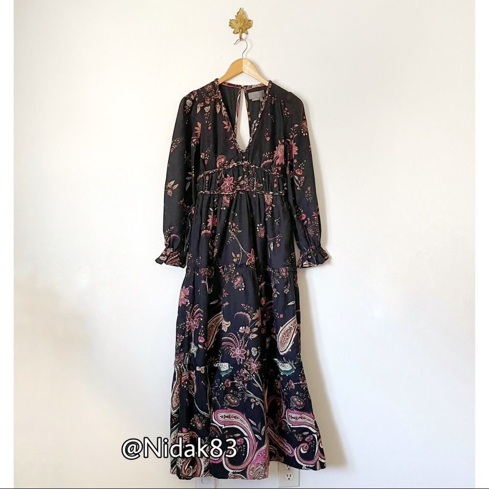 Anthropologie Black Floral Paisley Maxi Dress NWOT size 2 Boho